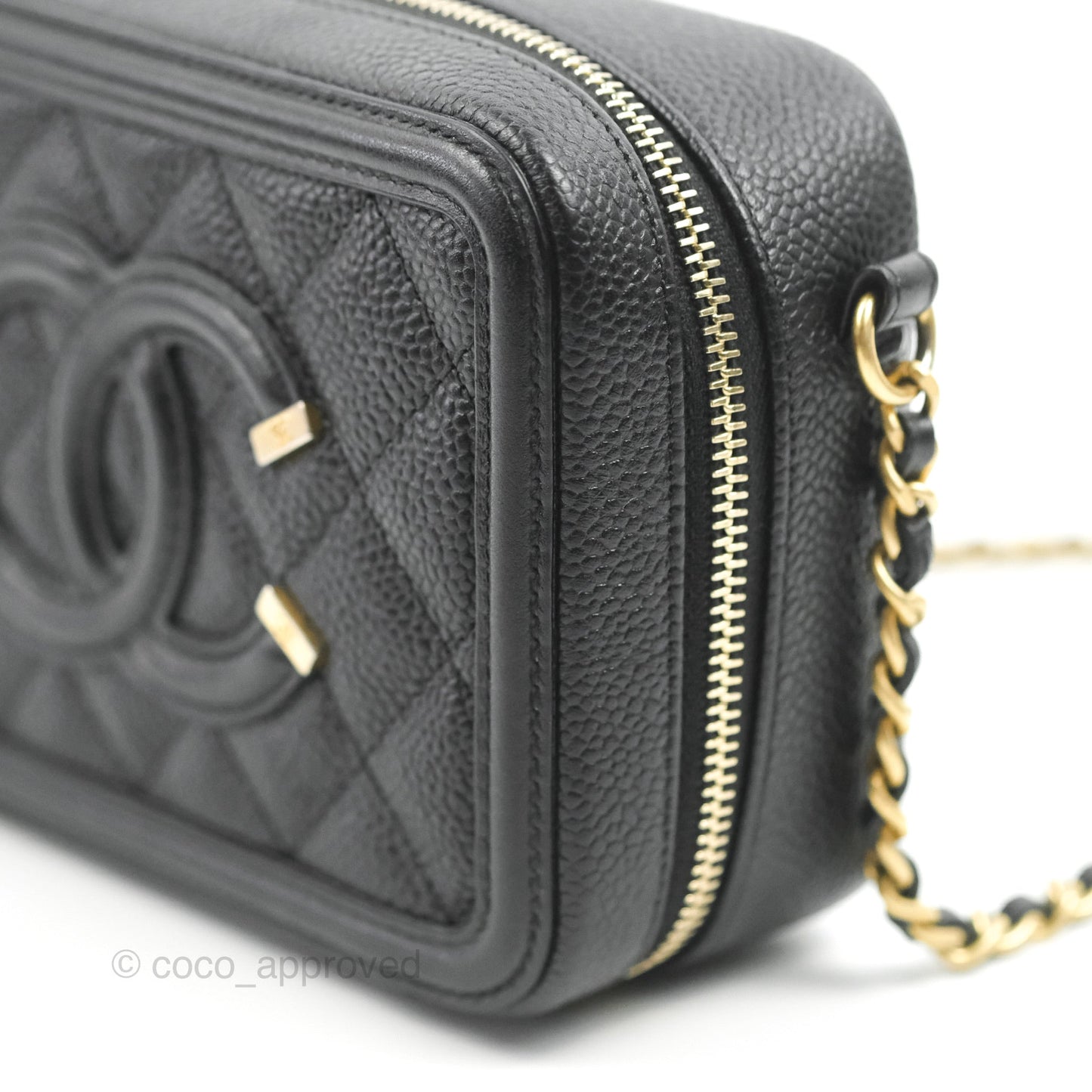 Chanel CC Filigree Vanity Clutch With Chain Caviar Black Aged Gold Hardware
