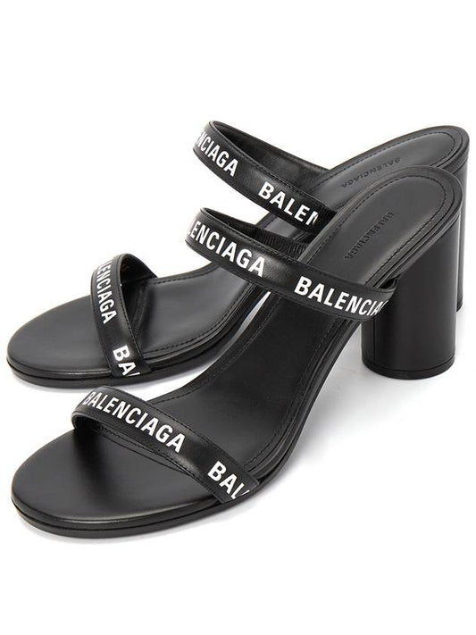 Luxury Balenciaga WoMen's Leather Logo Round Sandal Heels Black