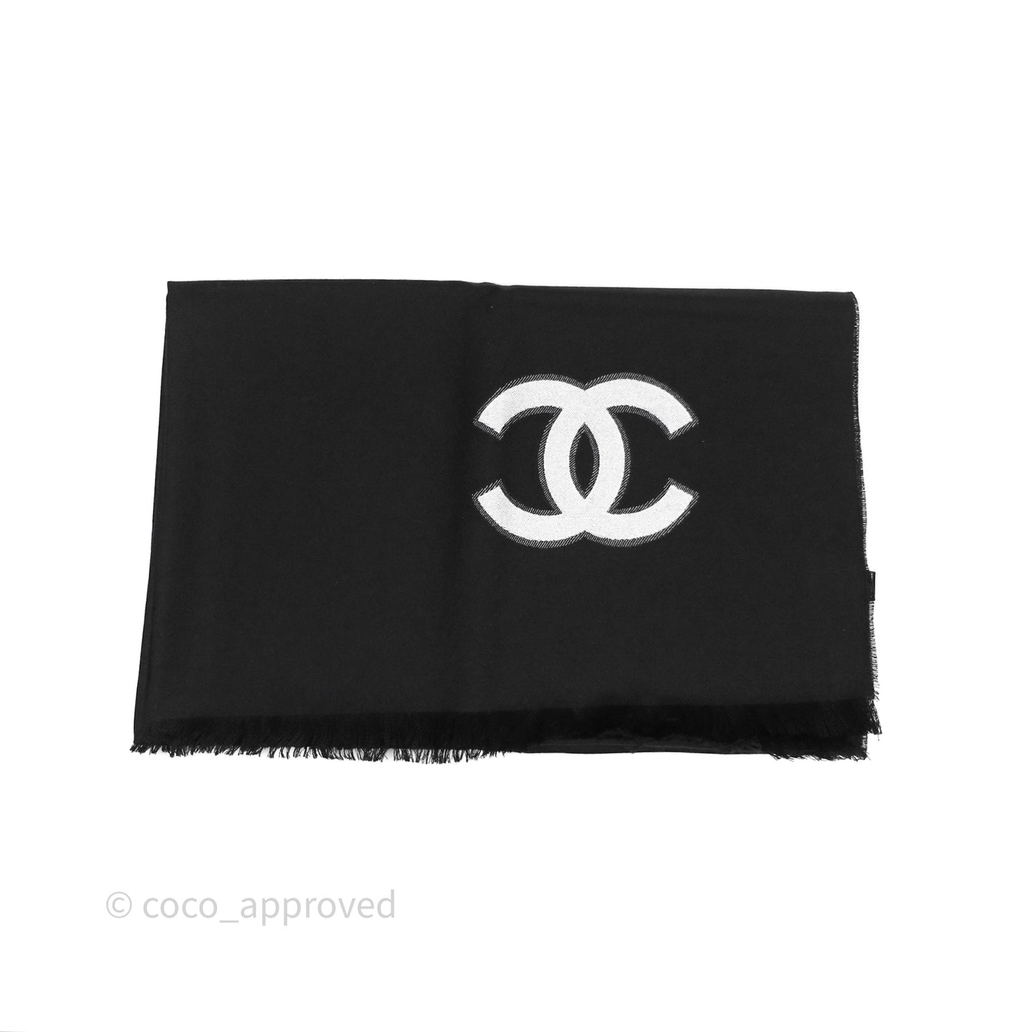 Chanel CC Logo Scarf Stole Black/ White Cashmere Silk
