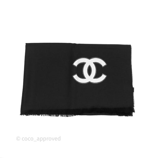 Chanel CC Logo Scarf Stole Black/ White Cashmere Silk