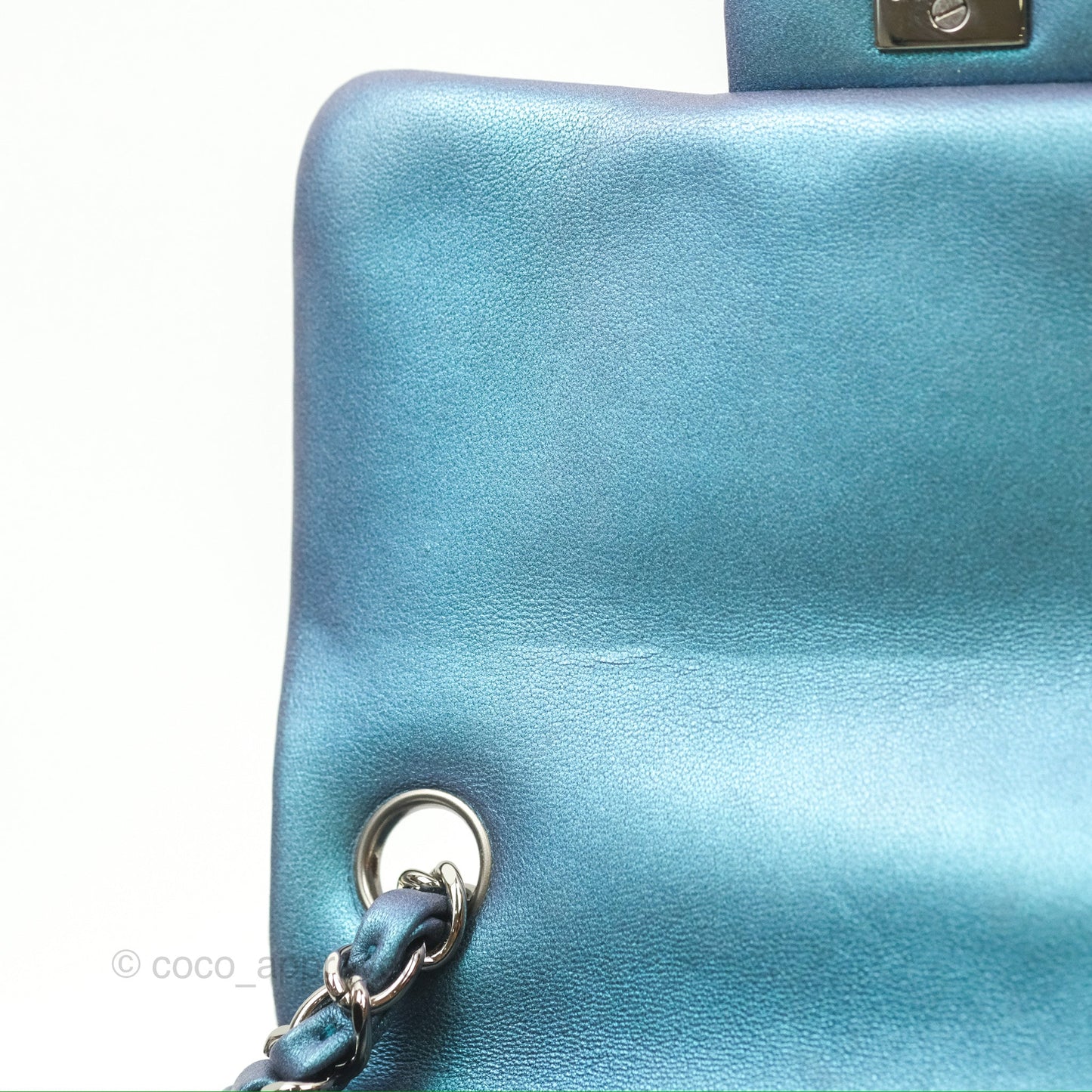Chanel Mini Square Flap Quilted Iridescent Teal Lambskin Gun Metal
