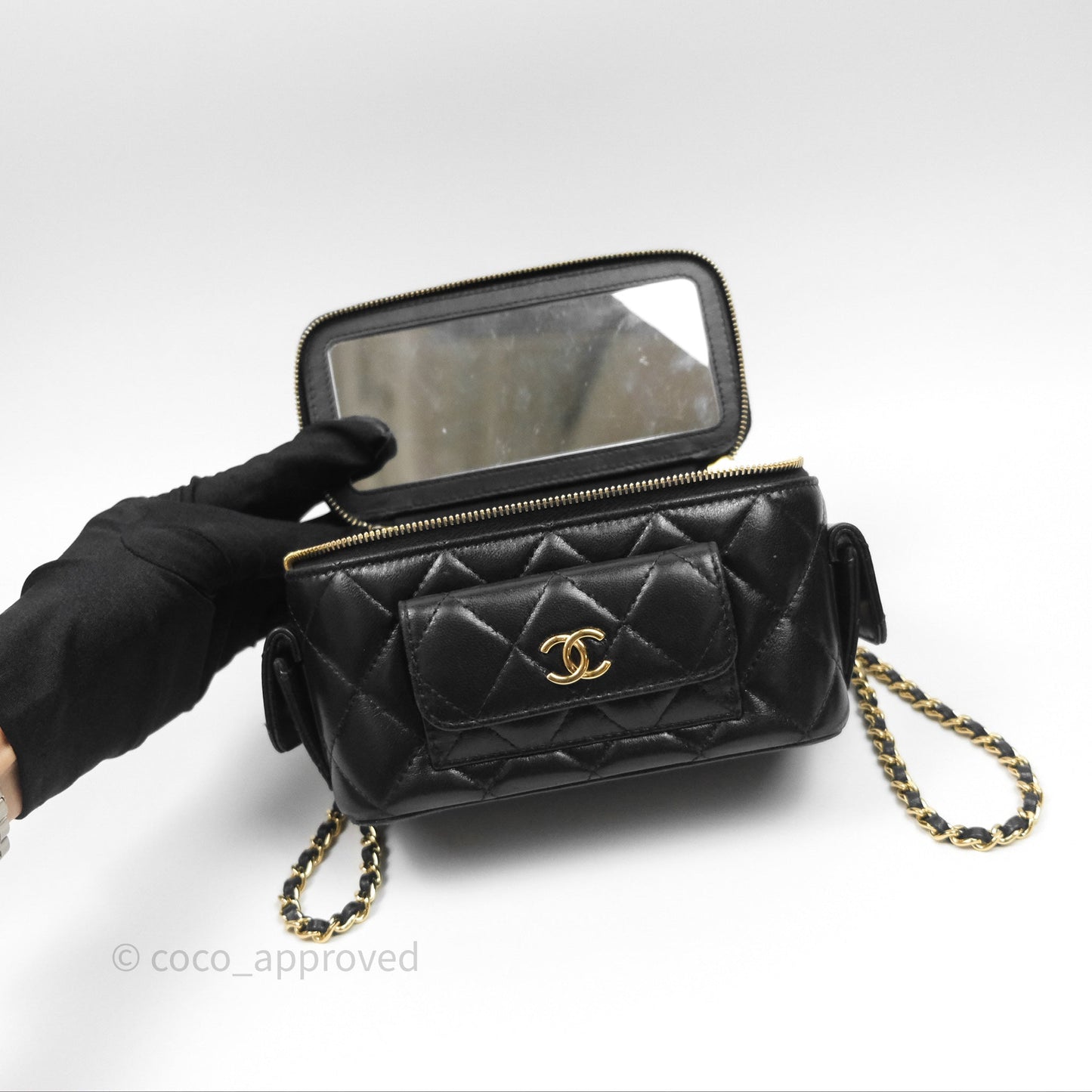 Chanel Cargo Pocket Top Handle Vanity with Chain Black Shiny Lambskin Gold Hardware 22K