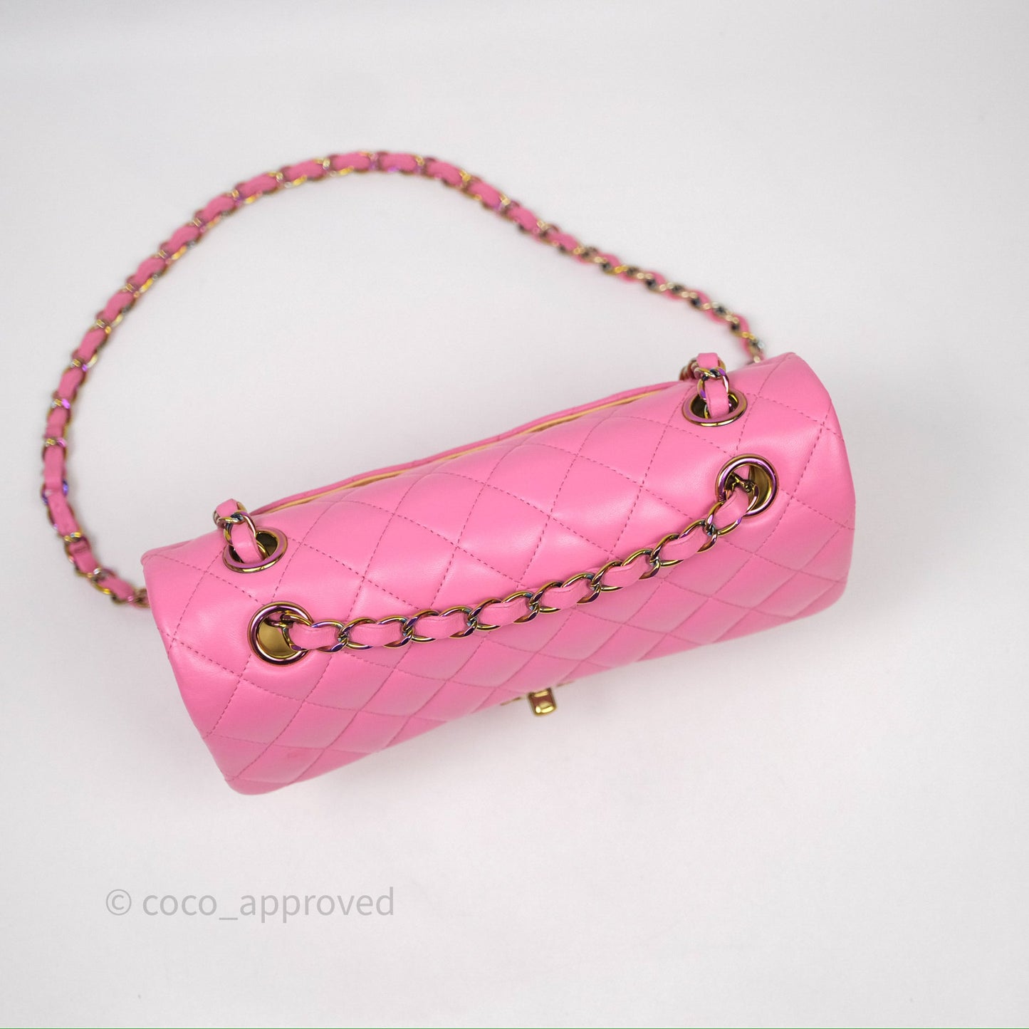 Chanel Small Classic Flap Quilted Pink Lambskin Rainbow Hardware
