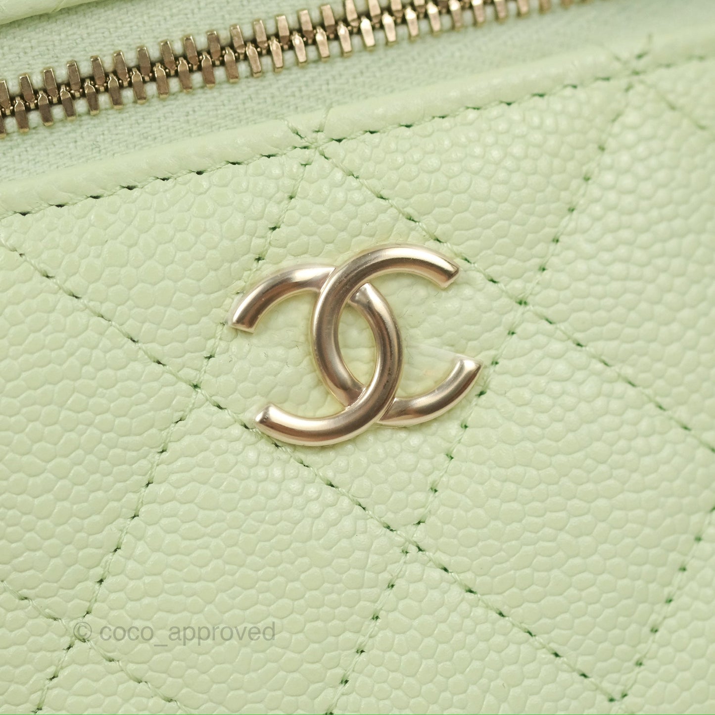 Chanel Quilted Small Handle With Care Vanity Case With Chain Green Caviar Gold Hardware