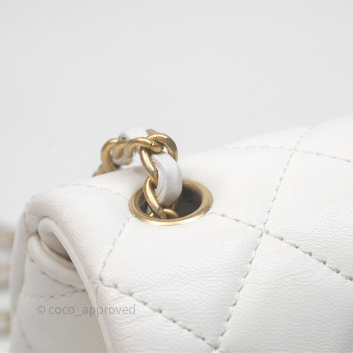 Chanel Mini Rectangular Pearl Crush Quilted White Lambskin Aged Gold Hardware