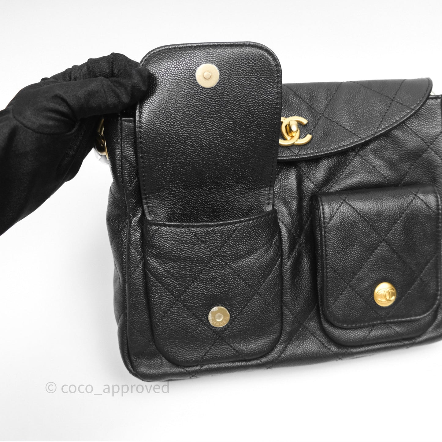 Chanel Double Pocket Hobo Bag Black Caviar Brushed Gold Hardware