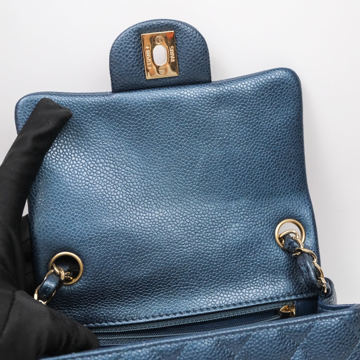 Chanel Quilted Mini Square Iridescent Navy Caviar Gold Hardware
