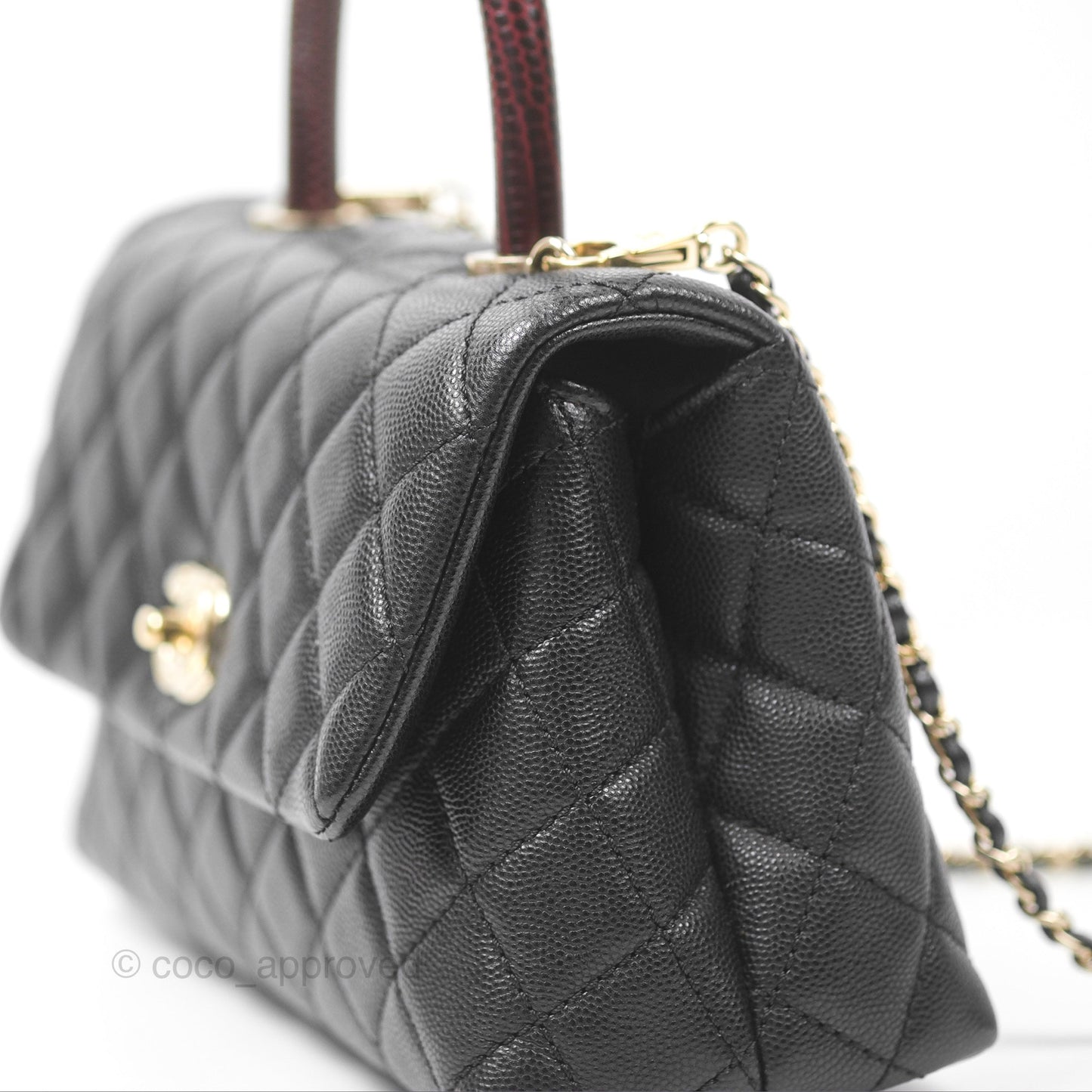 Chanel Small Coco Handle Black Caviar Gold Hardware Lizard Embossed Handle