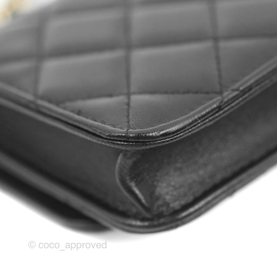 Chanel Mini Quilted Trendy CC Card Holder With Chain Black Lambskin Gold Hardware