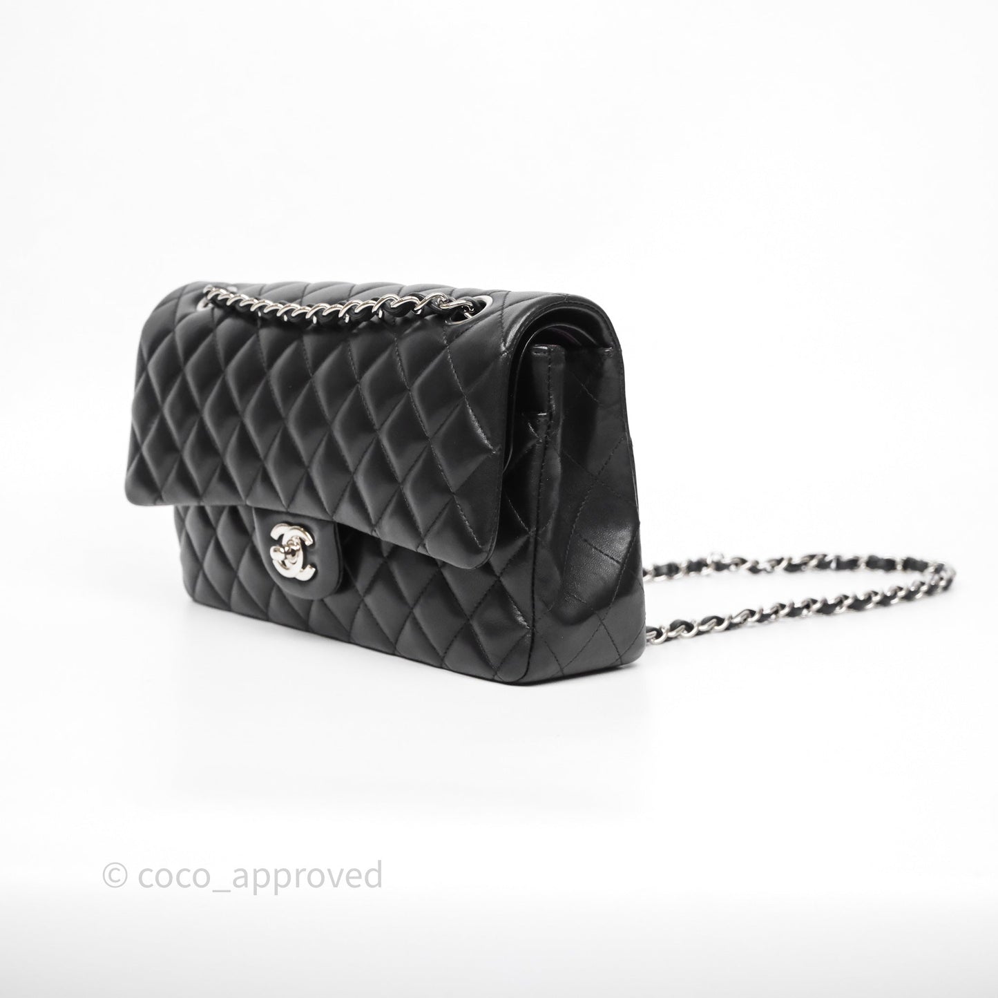 Chanel Classic M/L Medium Flap Quilted Black Lambskin Silver Hardware