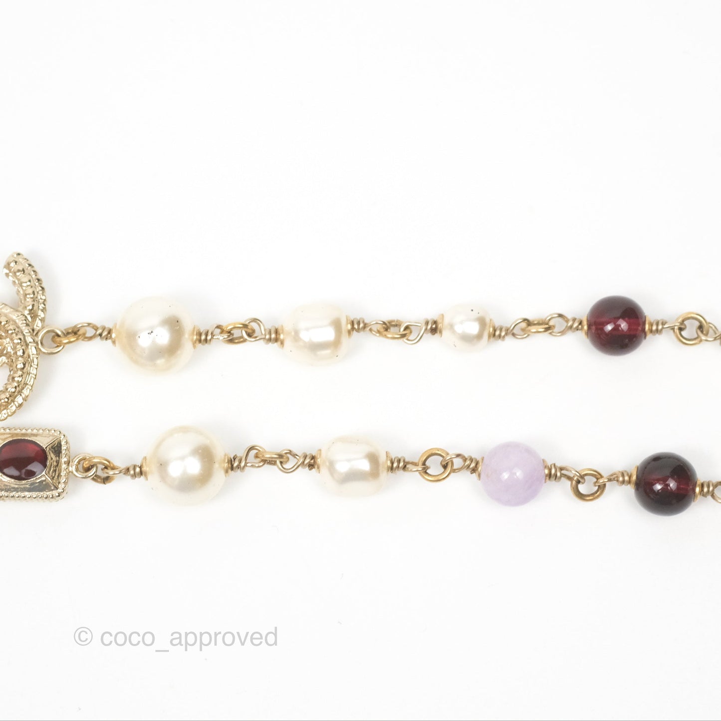 Chanel CC Pearl GemStone Long Necklace Gold Tone 17A