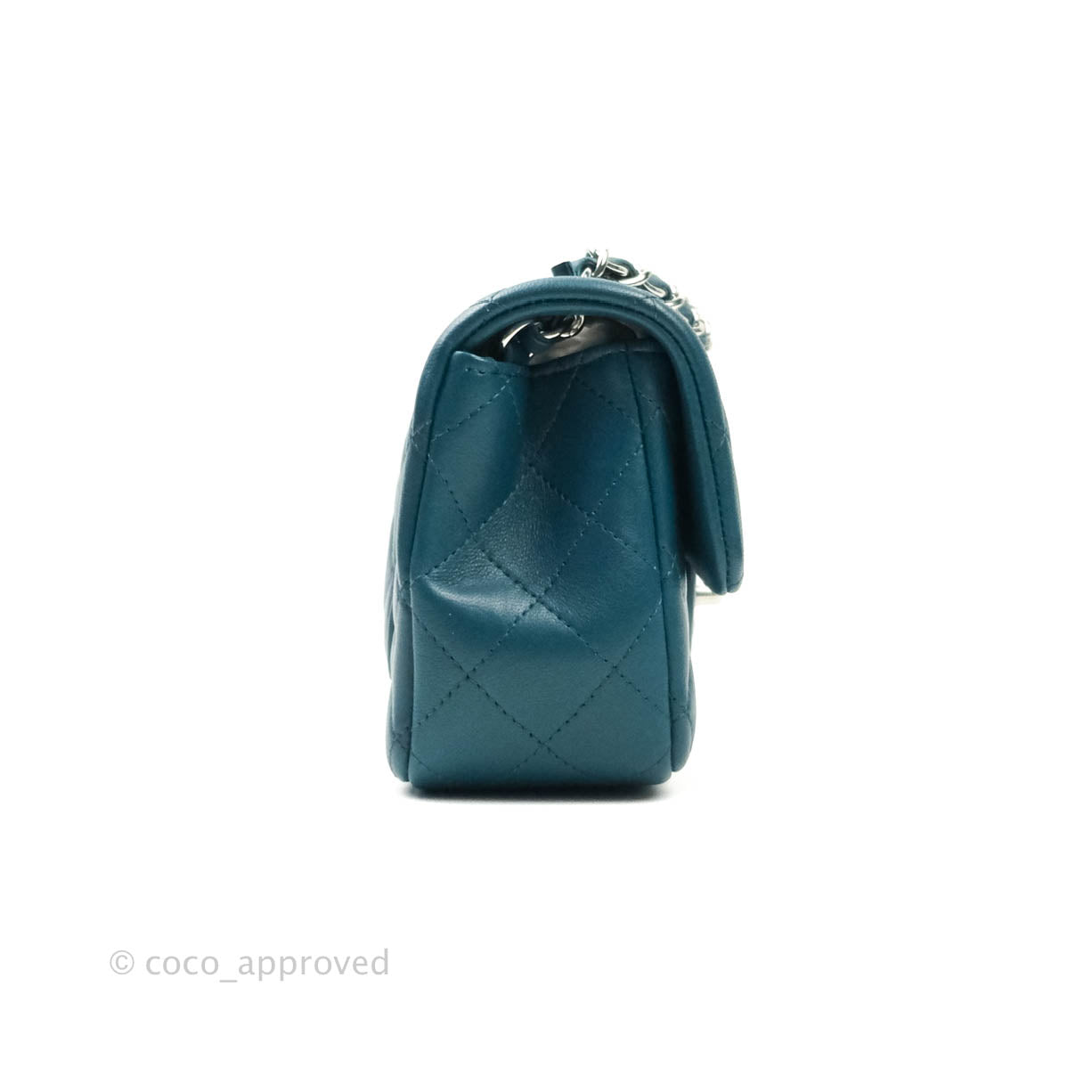 Chanel Quilted Mini Rectangular Lambskin Flap Bag Teal Silver Hardware