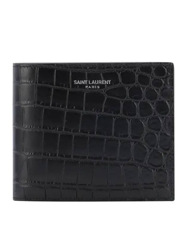 Luxury Saint Laurent Crocodile Pattern Half Wallet Black