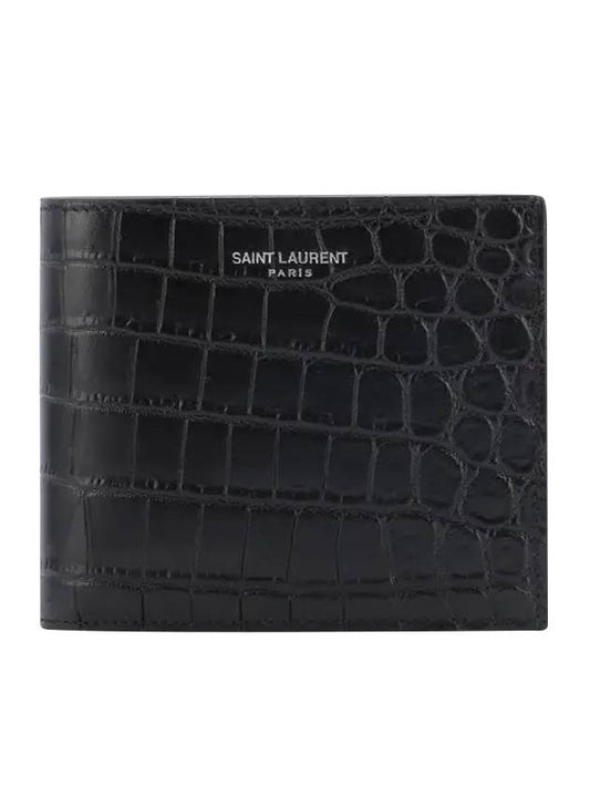 Luxury Saint Laurent Crocodile Pattern Half Wallet Black