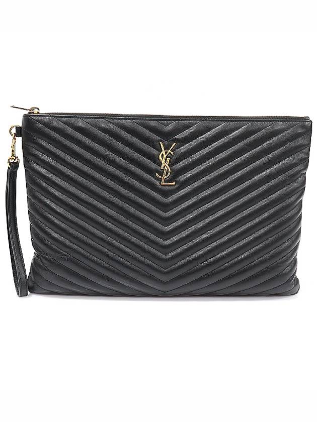 Luxury Saint Laurent 440222 Black Matelasse Monogram Document Holder Strap Clutch