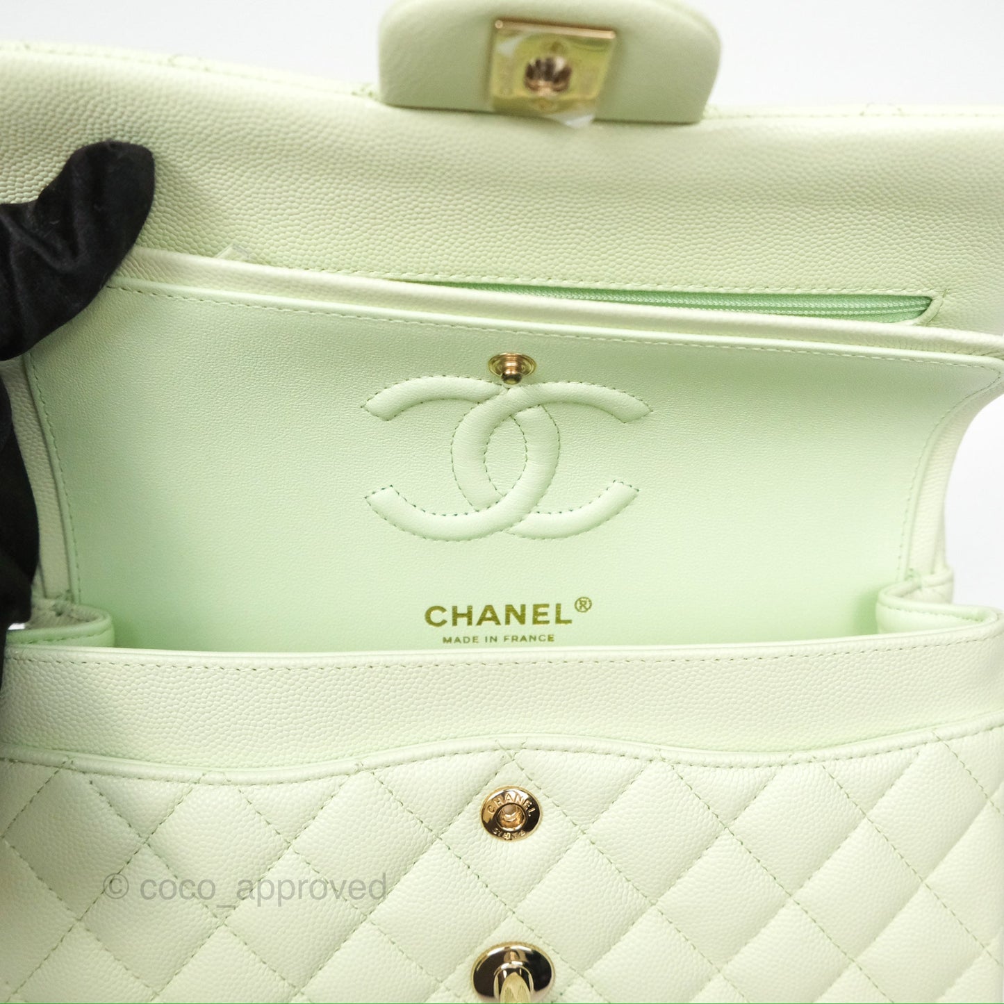 Chanel Small Classic Quilted Flap Mint Green Caviar Gold Hardware 22C