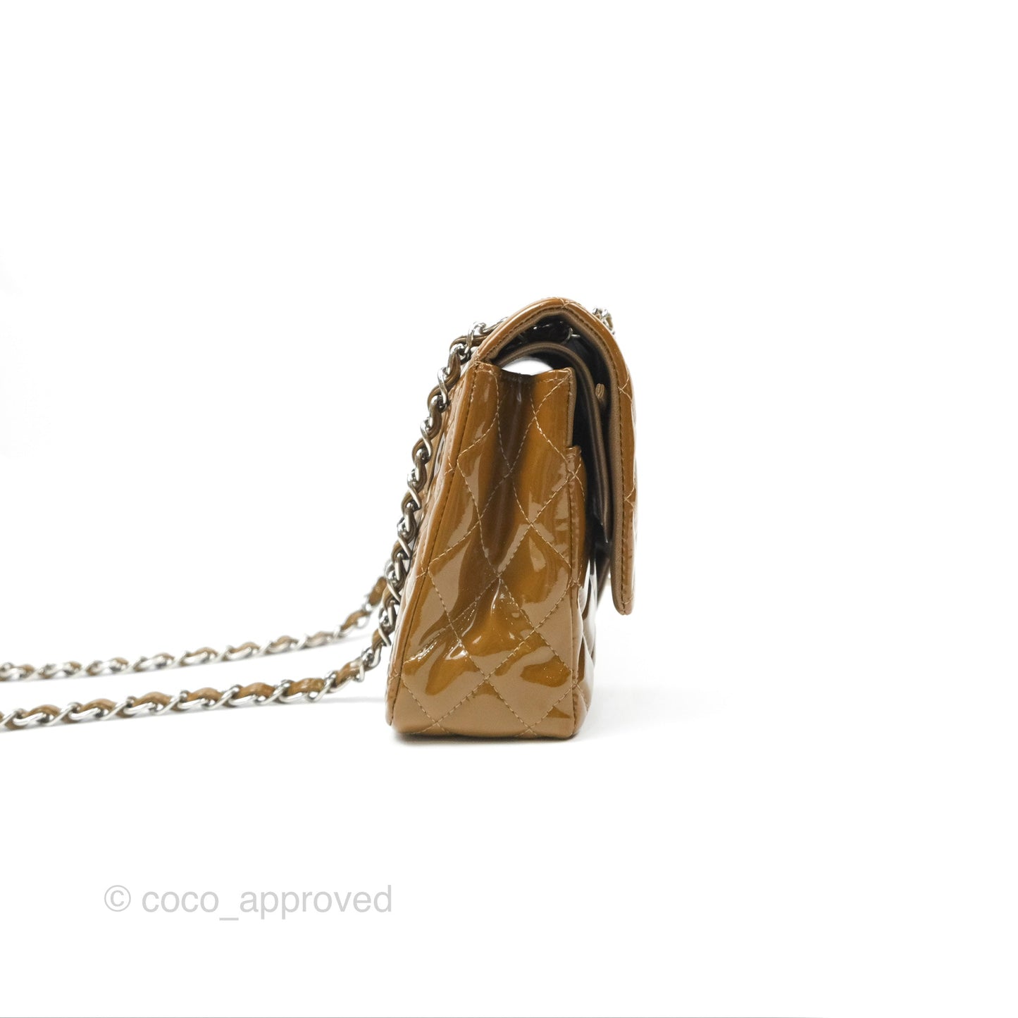 Chanel Classic M/L Medium Flap Quilted Brown Patent Silver Hardware