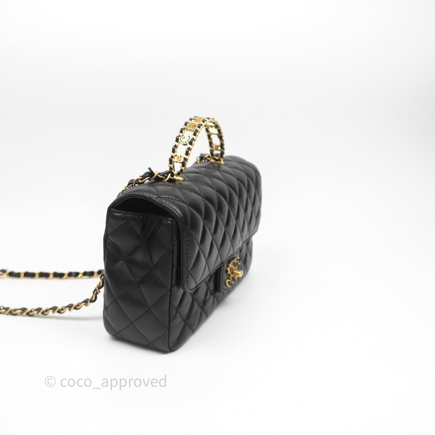Chanel Logo Top Handle Small Flap Bag Black Lambskin Gold Hardware 24C