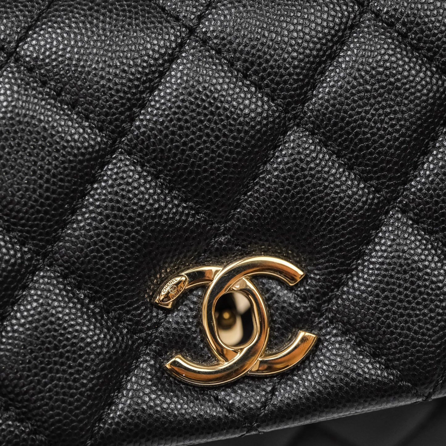 Chanel Small Coco Handle Quilted Black Caviar Aged Gold Hardware Lizard Handle