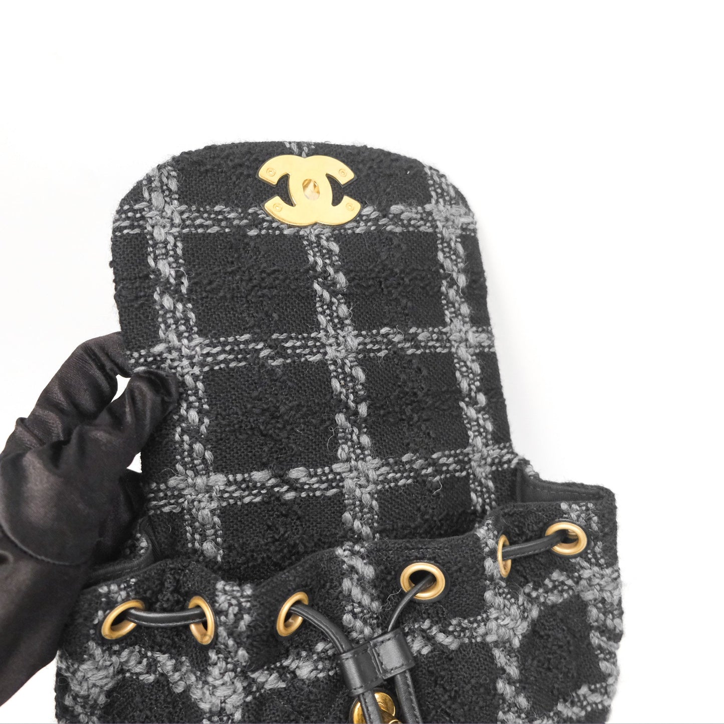 Chanel Duma Backpack Black Tweed Aged Gold Hardware 22K