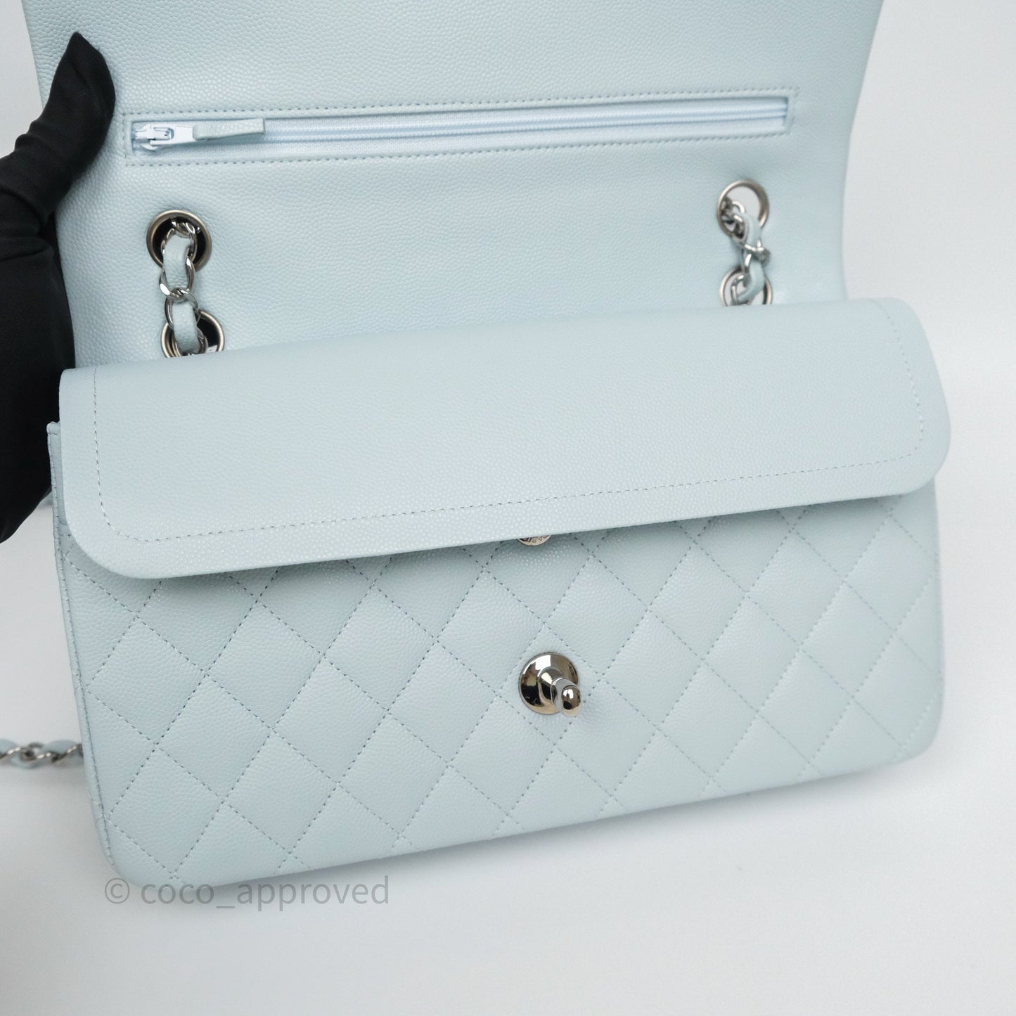 Chanel Classic M/L Medium Flap Quilted Light Blue Caviar Silver Hardware 21K