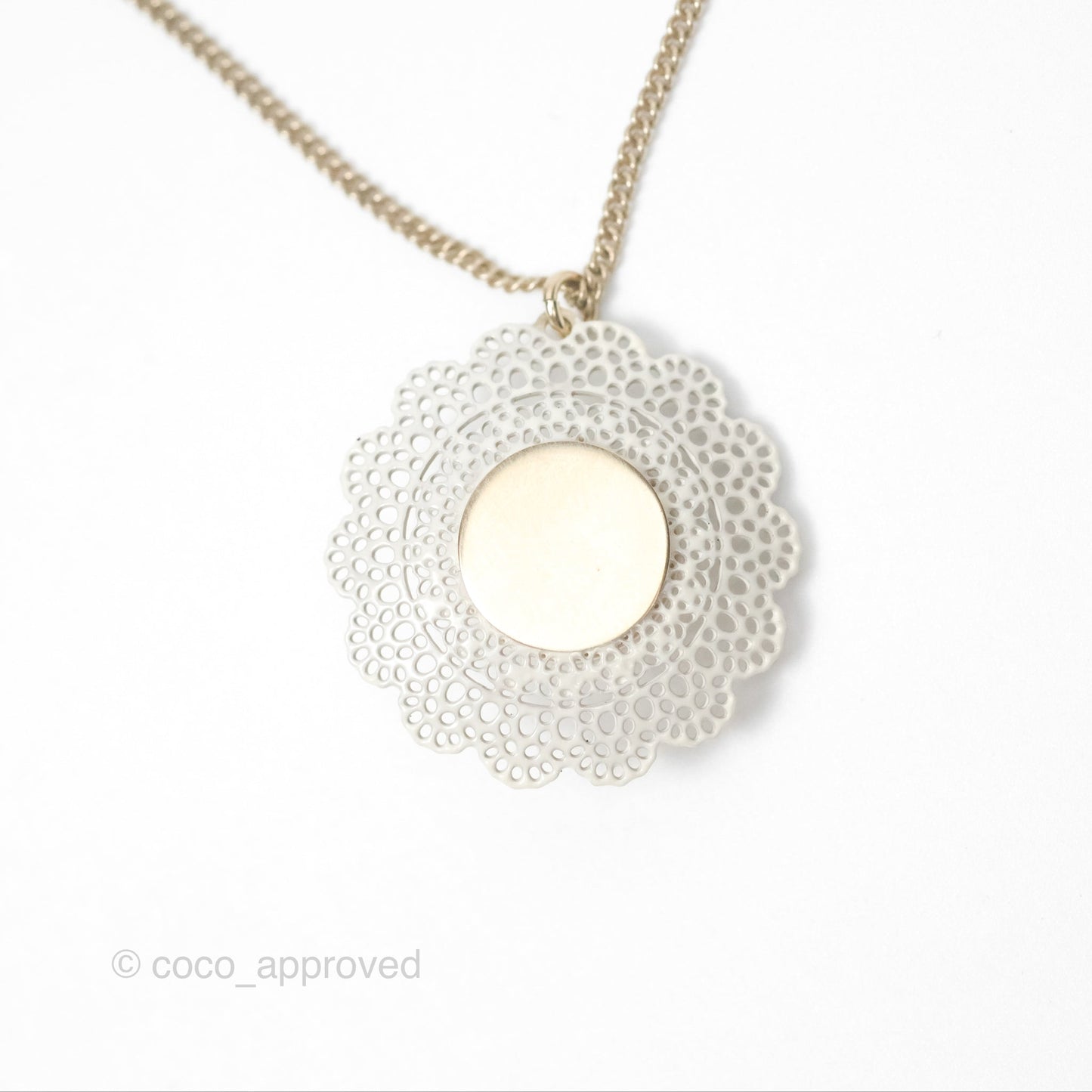 Chanel Pearl CC Lace Flower Necklace Gold Tone 15K