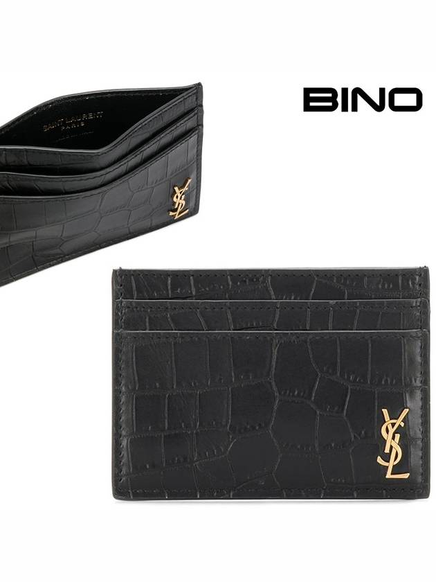 Luxury Saint Laurent Monogram Logo Crocodile Card Wallet Black