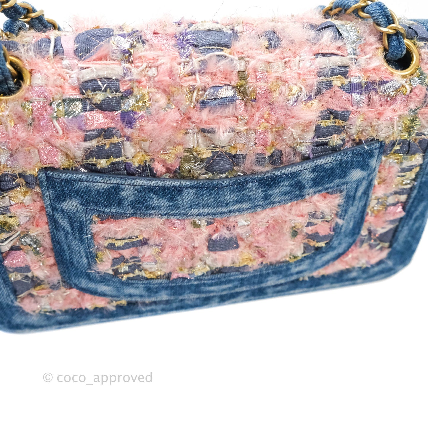Chanel Quilted M/L Medium Double Flap Tweed Washed Denim Aged Gold Hardware