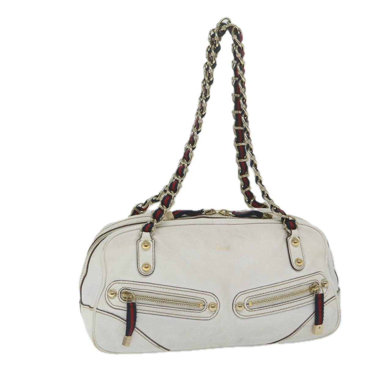 GUCCI Sherry Line Chain Shoulder Bag Leather White Navy Red 152462  63591