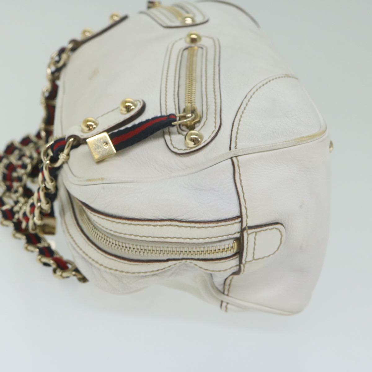 GUCCI Sherry Line Chain Shoulder Bag Leather White Navy Red 152462  63591
