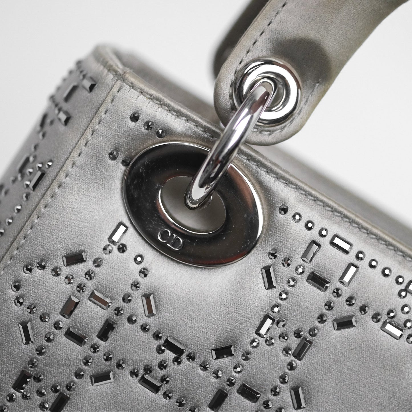 Christian Dior Mini Lady Dior Bag Grey Strass Cannage Satin Silver Hardware