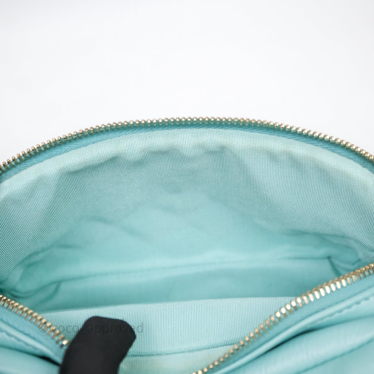 Chanel Camera Bag Quilted Pearly Turquoise Lambskin Aged Gold Hardware