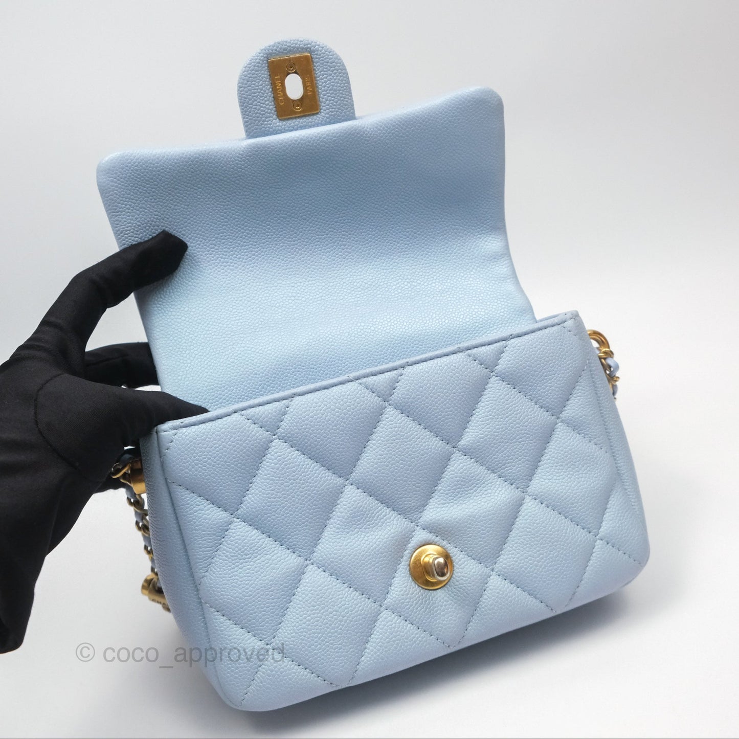 Chanel Quilted My Perfect Mini Iridescent Blue Caviar Aged Gold Hardware