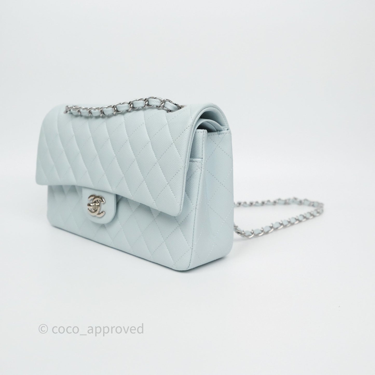 Chanel Classic M/L Medium Flap Quilted Light Blue Caviar Silver Hardware 21K