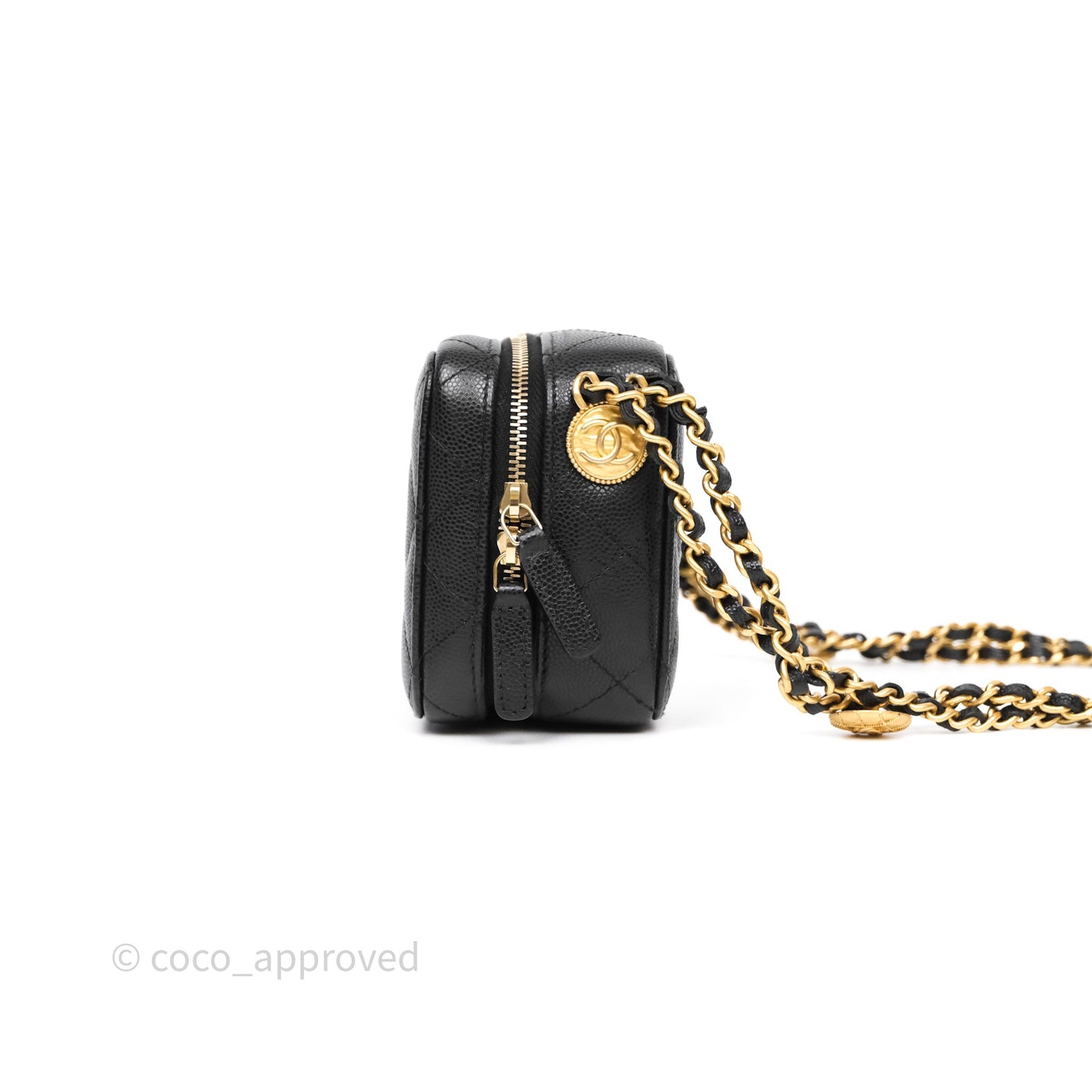 Chanel Quilted CC Coins Purse Chain Camera Case Black Caviar Aged Gold Hardware