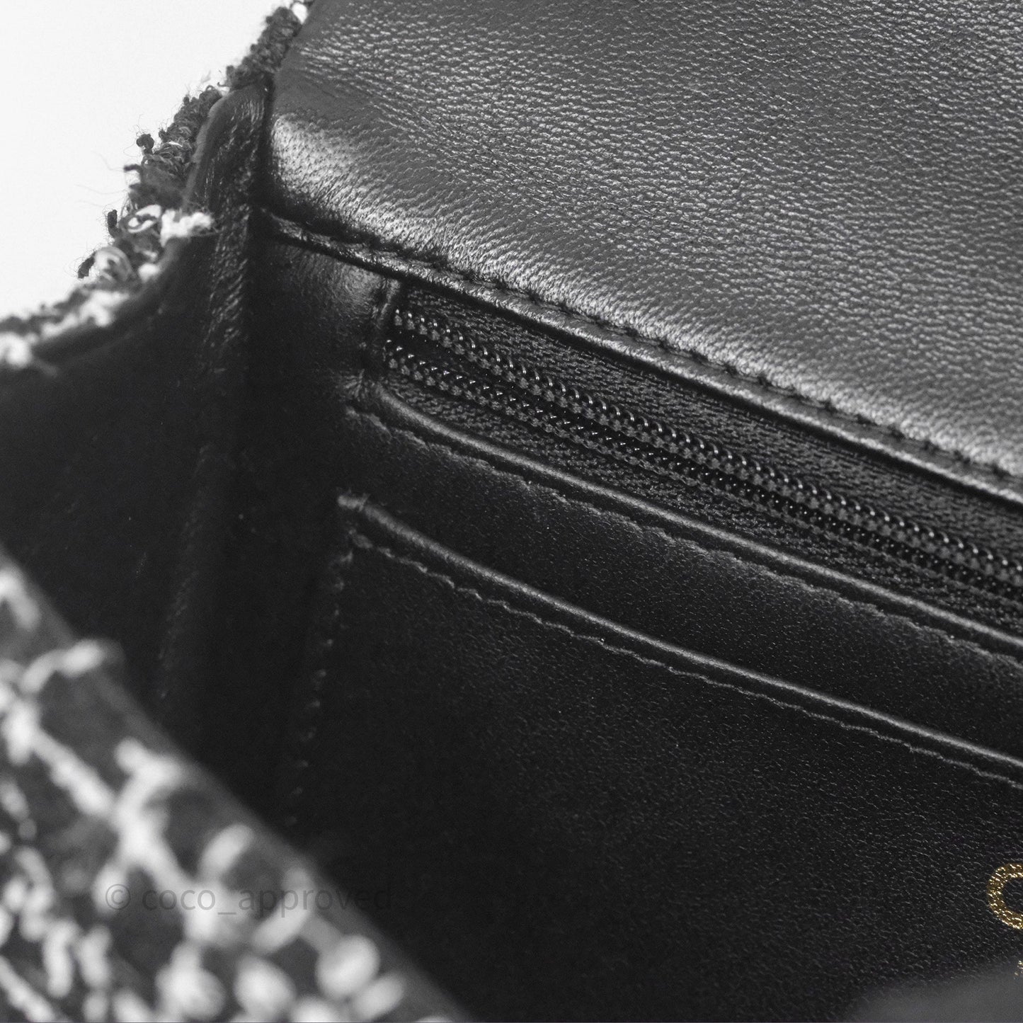 Chanel Top Handle Mini Rectangular Flap Black/ White Sequin Tweed Gold Hardware 24P