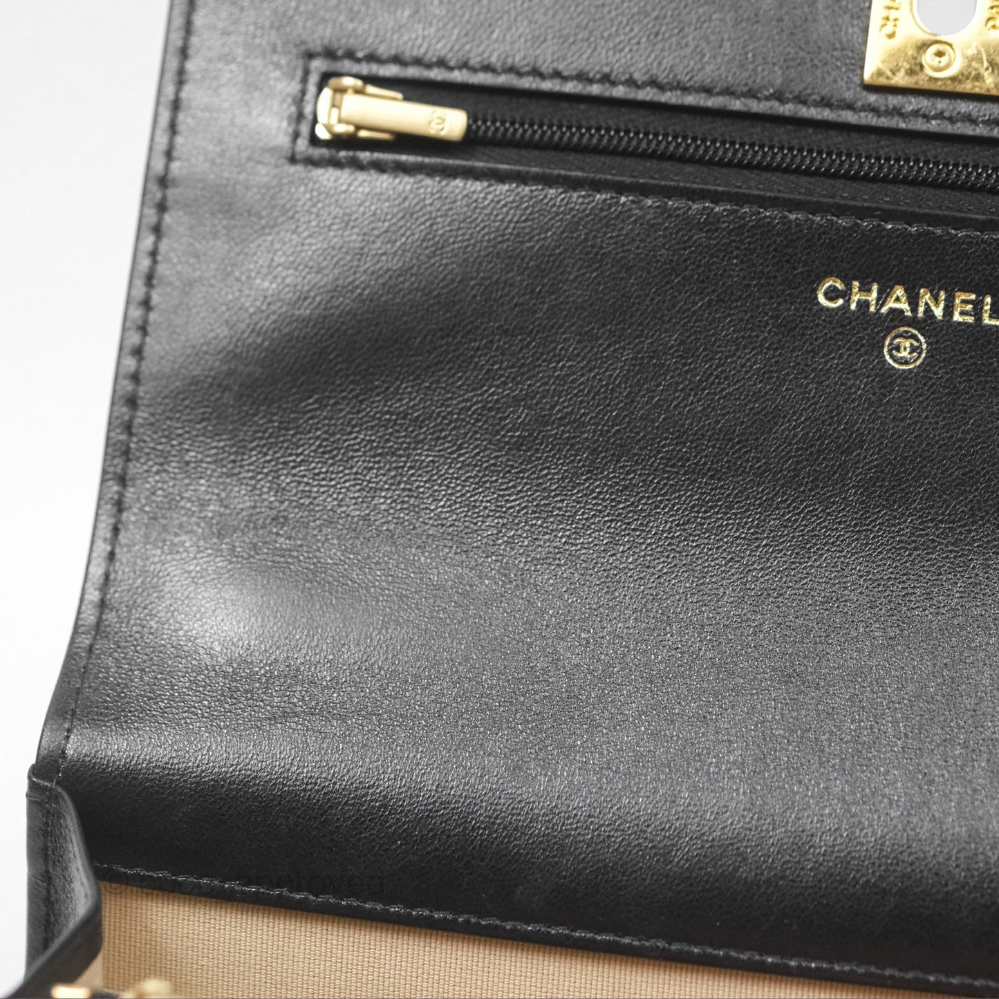 Chanel Quilted Dynasty Wallet on Chain WOC Black Shiny Lambskin Gold Hardware