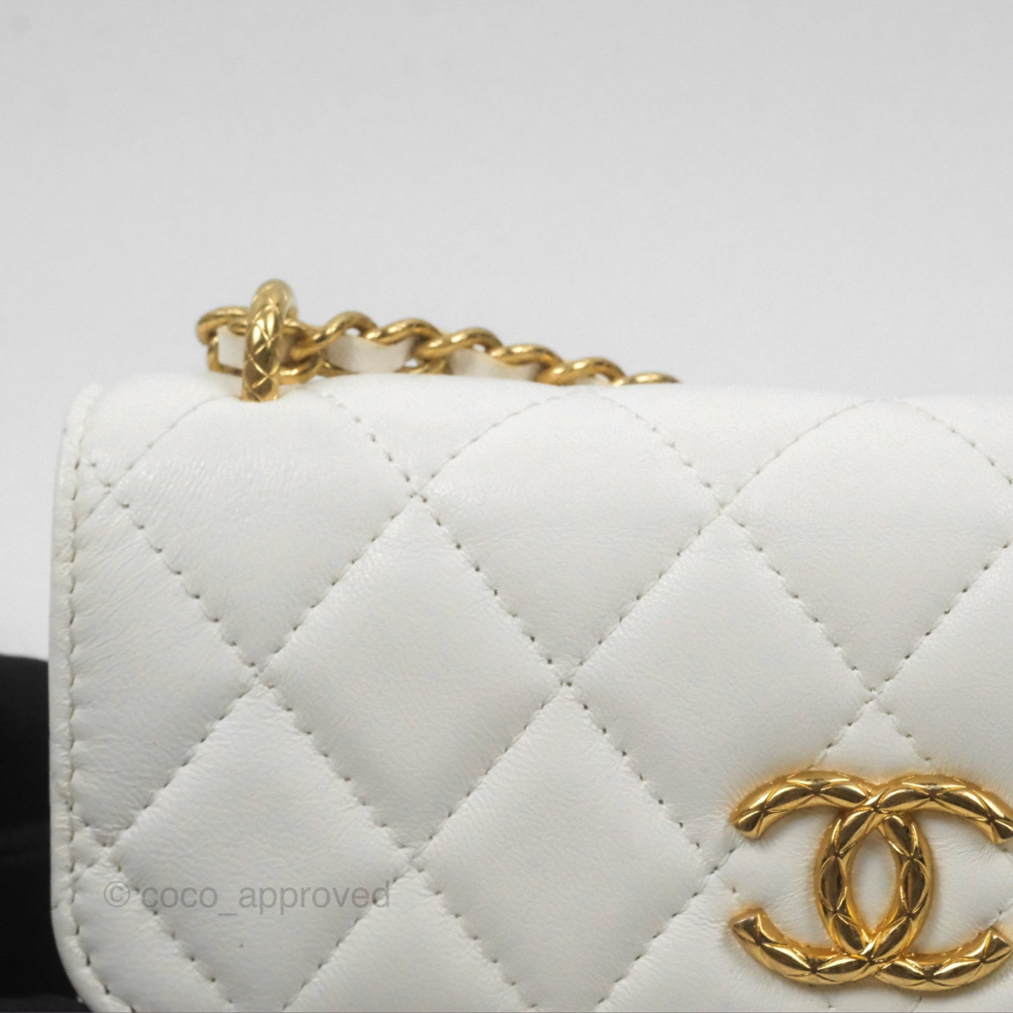 Chanel Dynasty Phone Holder with Chain White Ivory Lambskin Aged Gold Hardware