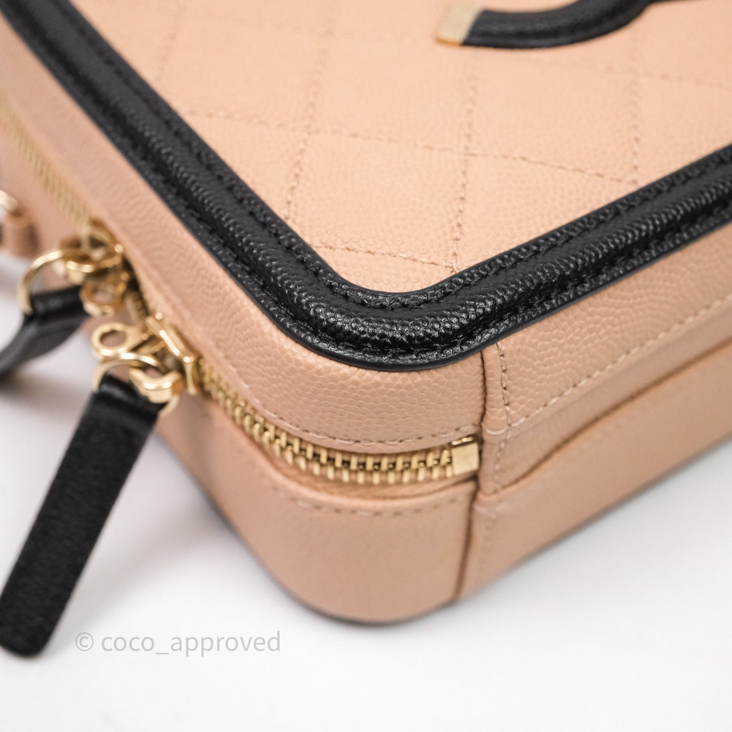 Chanel Quilted New Small CC Filigree Vanity Case Beige Caviar Gold Hardware