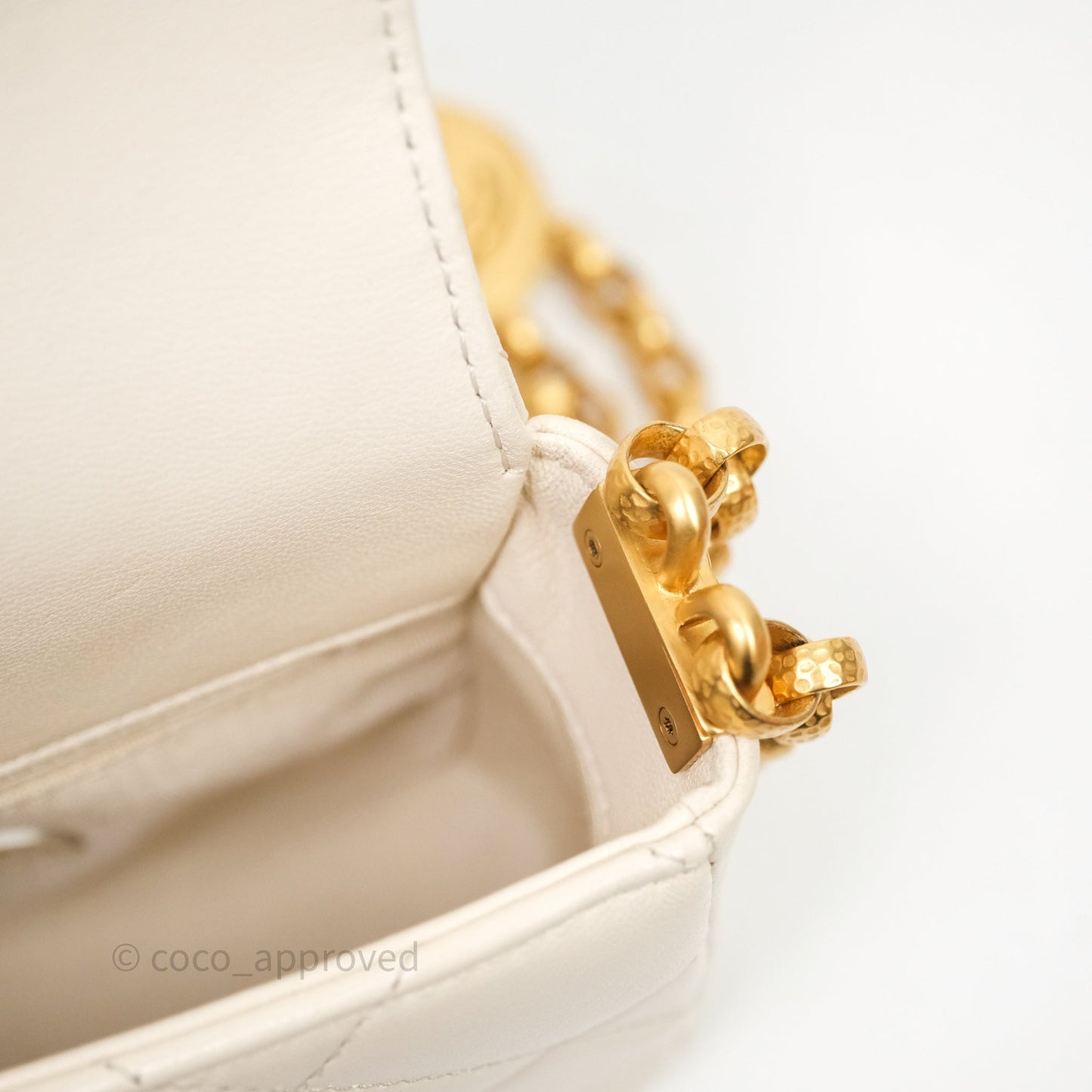 Chanel Flap with Coin Charm Ivory White Lambskin Aged Gold Hardware