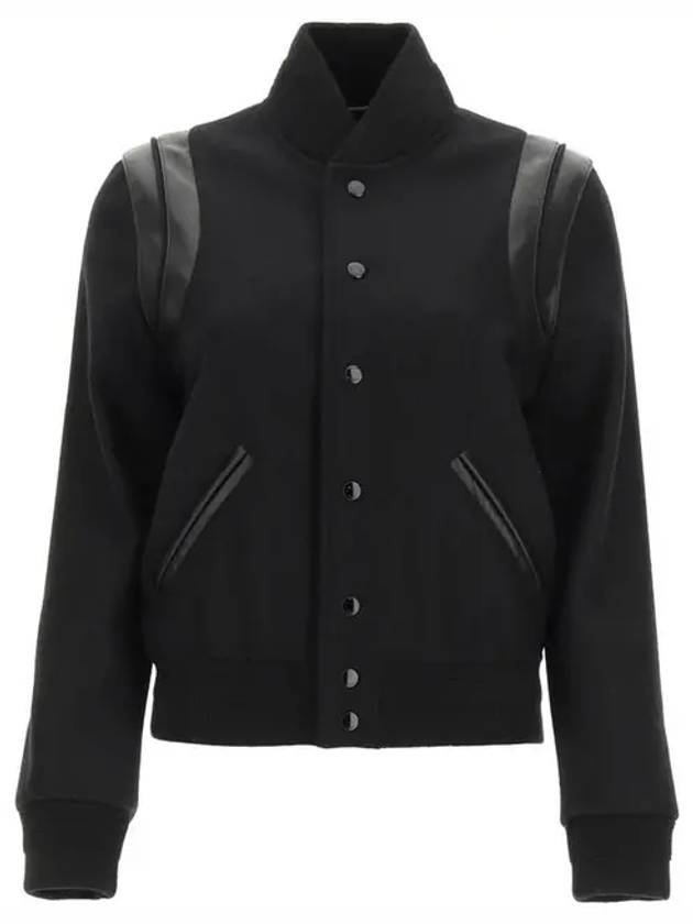 Luxury Saint Laurent Women's Wool Varsity Bomber Jacket Black