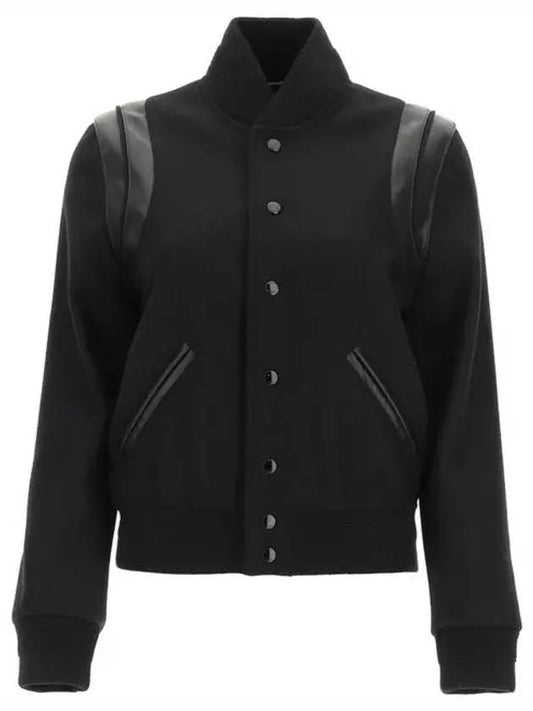 Luxury Saint Laurent Women's Wool Varsity Bomber Jacket Black