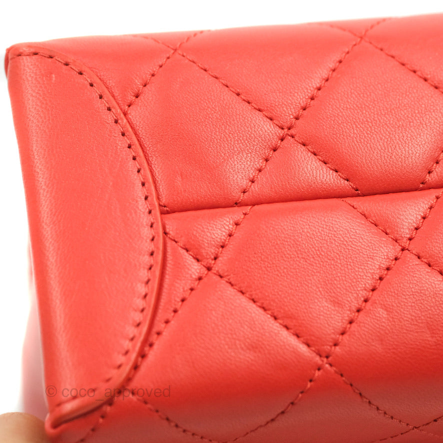 Chanel Top Handle Flap Bag Red Lambskin Aged Gold Hardware
