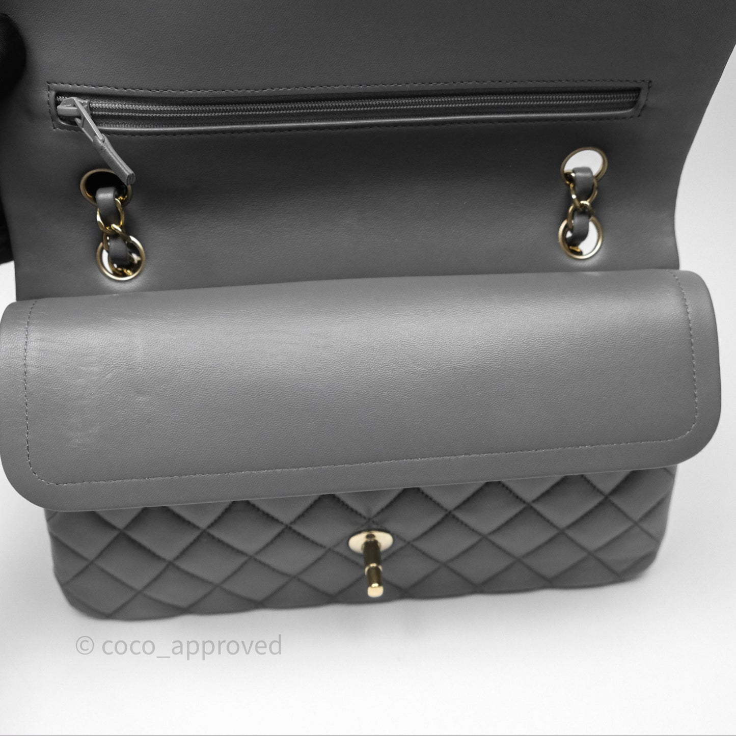 Chanel Classic M/L Medium Flap Quilted Grey Lambskin Gold Hardware