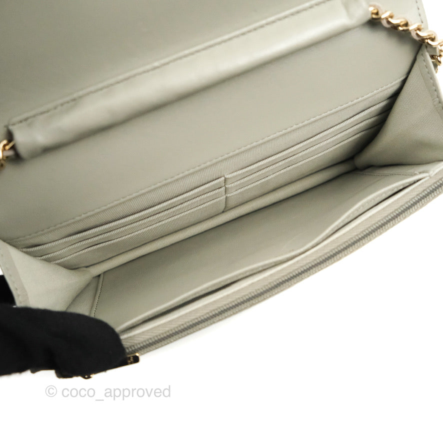Chanel Quilted Classic Wallet on Chain WOC Light Grey Lambskin Gold Hardware