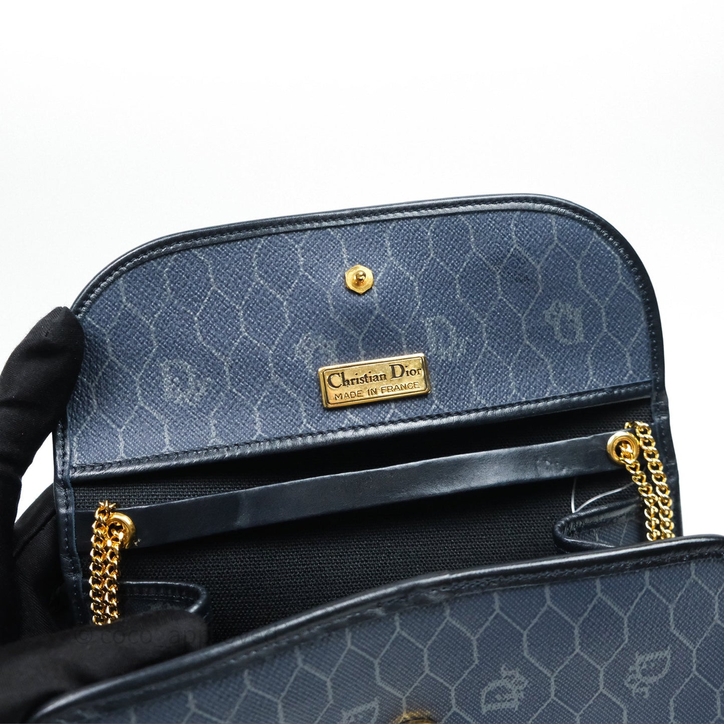 Christian Dior Vintage Honeycomb Flap Bag Navy Gold Hardware