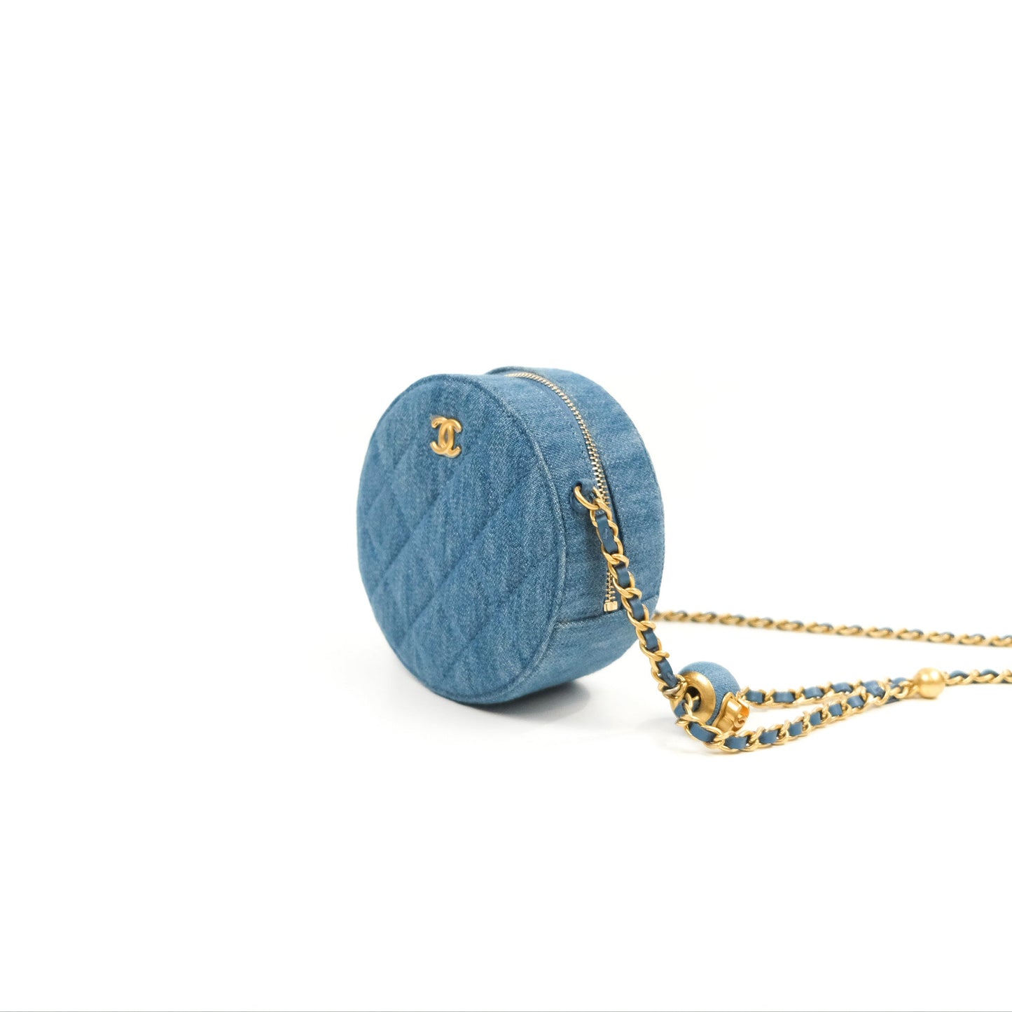 Chanel Quilted Pearl Crush Round Clutch With Chain Denim Aged Gold Hardware