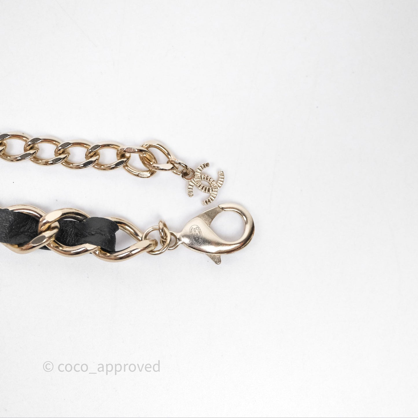 Chanel CC Black Leather Drop Necklace Gold Tone 22K