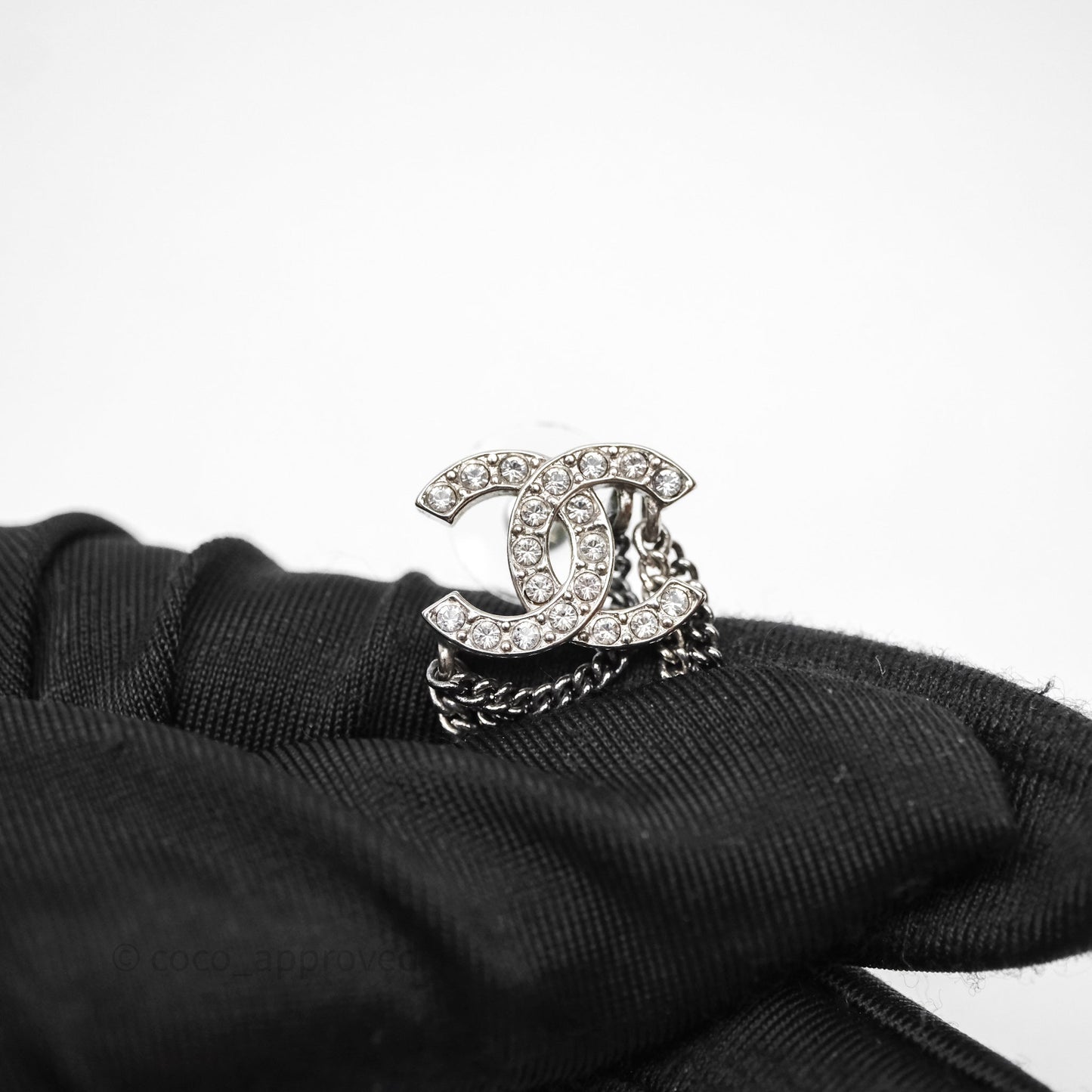 Chanel CC Crystals Chains Drop Earrings Silver Tone 21B