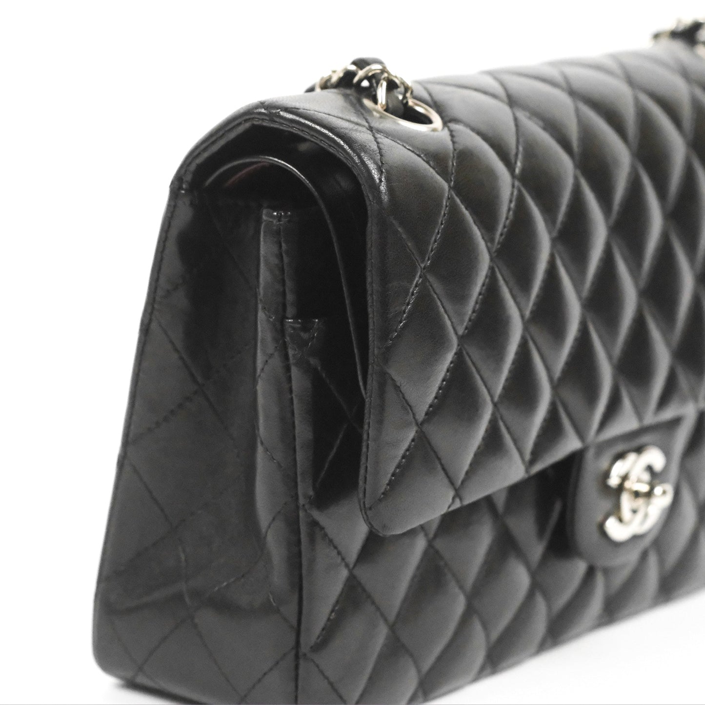 Chanel Classic M/L Medium Flap Quilted Black Lambskin Silver Hardware